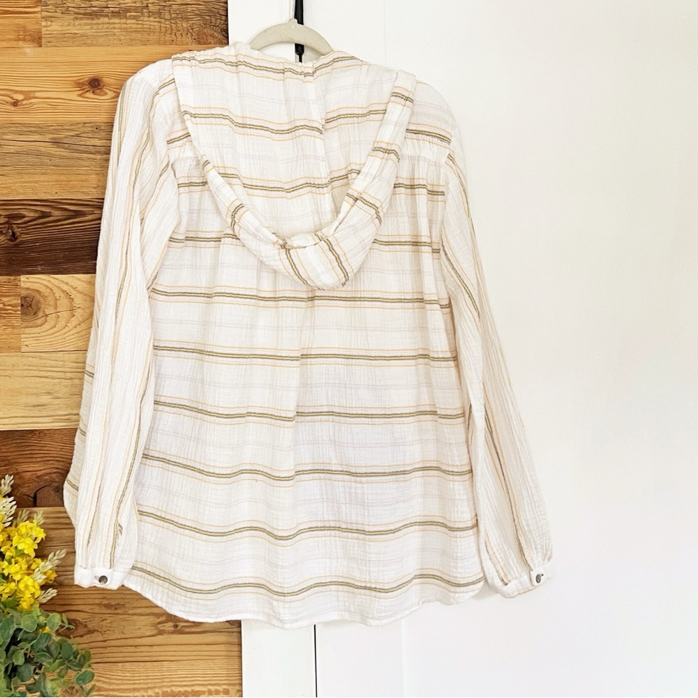 Free People Rolling Clouds 100% Cotton Hooded Blouse Ivory Cream Striped - Picture 6 of 8
